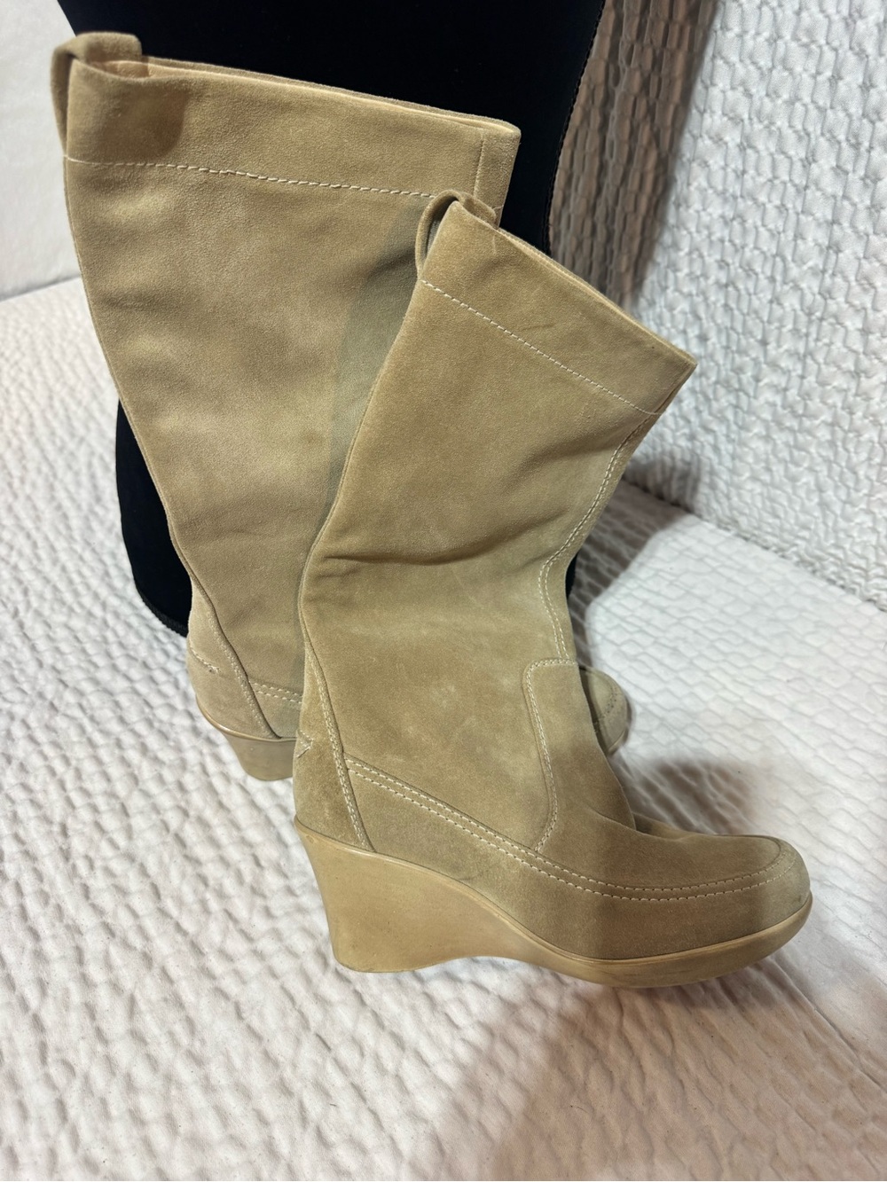 Suede Wedge Mid-Calf Boots in Tan